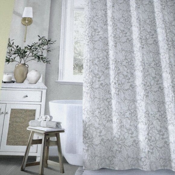 Morris & Co Luxury Taupe POPPY Shower Curtain Textured Floral Botanical Cotton - Picture 2 of 10